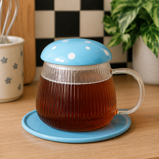 Blue Glass Mushroom Mug and Saucer