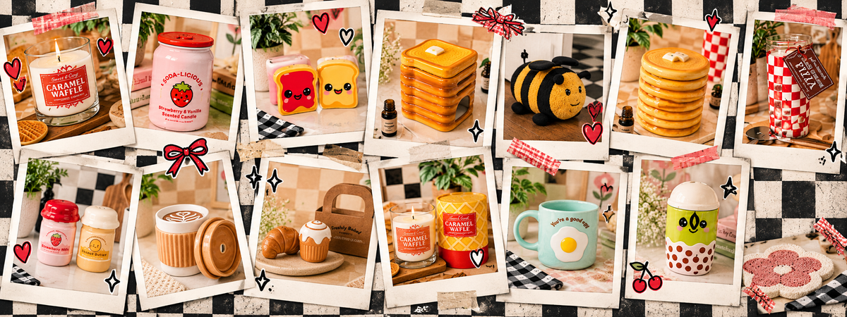 A collage of multiple cute breakfast-themed products arranged in polaroid-style frames, including mugs, candles, a beehive-shaped container, pancakes, a bumble toy, and pastries, all on a black-and-white checkered surface.