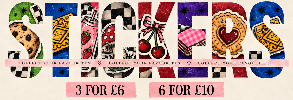 A sticker pack cover featuring the word 'STICKERS' in large decorative letters filled with various illustrated patterns and food-themed designs, with pink pricing blocks reading '3 FOR £6' and '6 FOR £10' below.