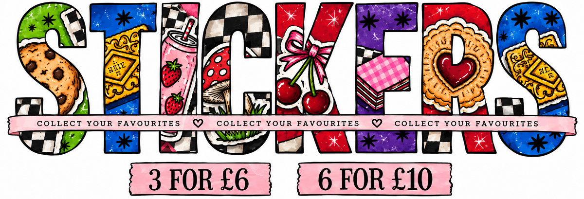 A colorful sticker set featuring the word 'STICKERS' in large, playful letters filled with various food and dessert illustrations, including a cookie, ice cream sandwich, strawberry drink, cherries, and a heart-shaped biscuit. Below the main sticker text are two pink price labels reading '3 FOR £6' and '6 FOR £10'.