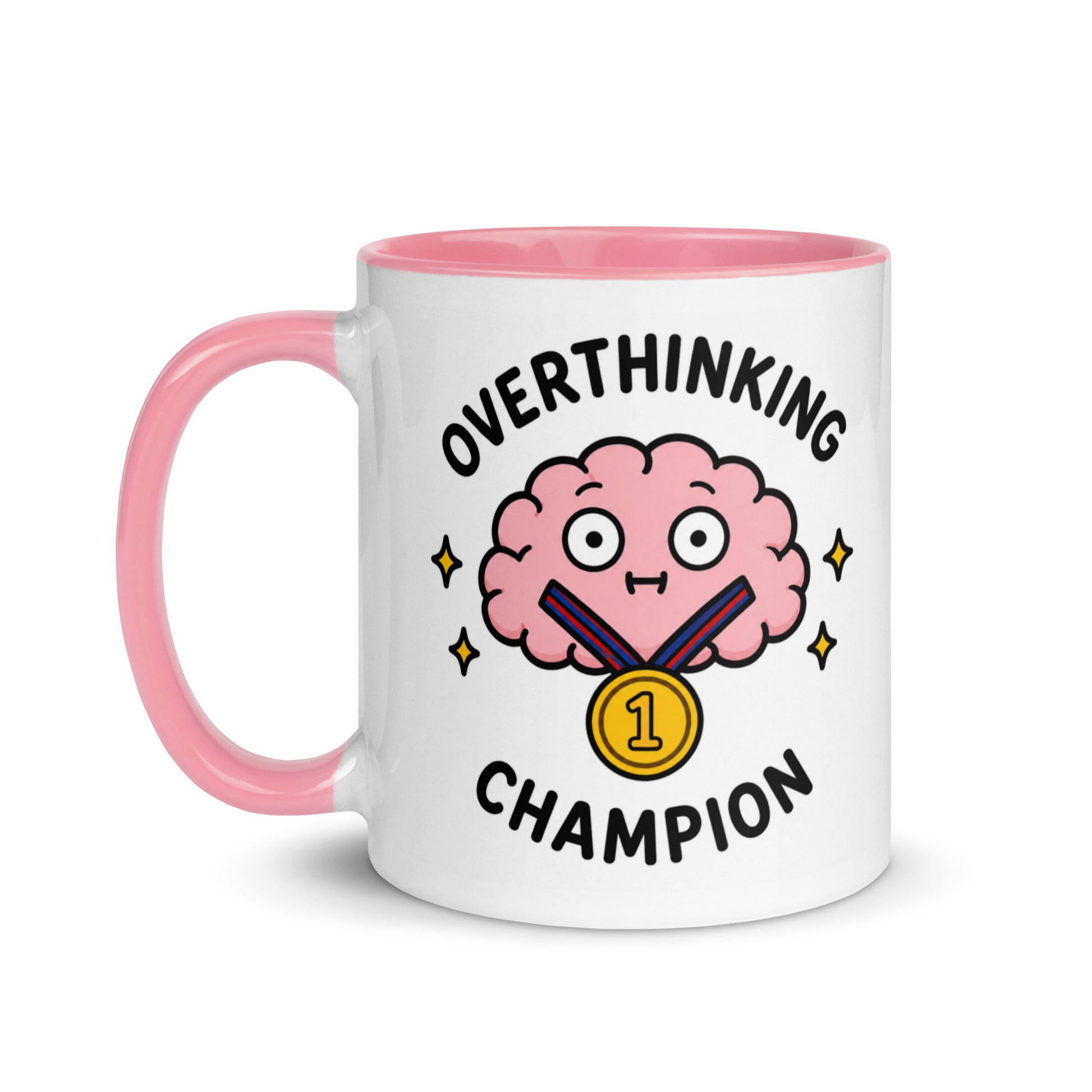 overthinking champion coffee mug white and pink